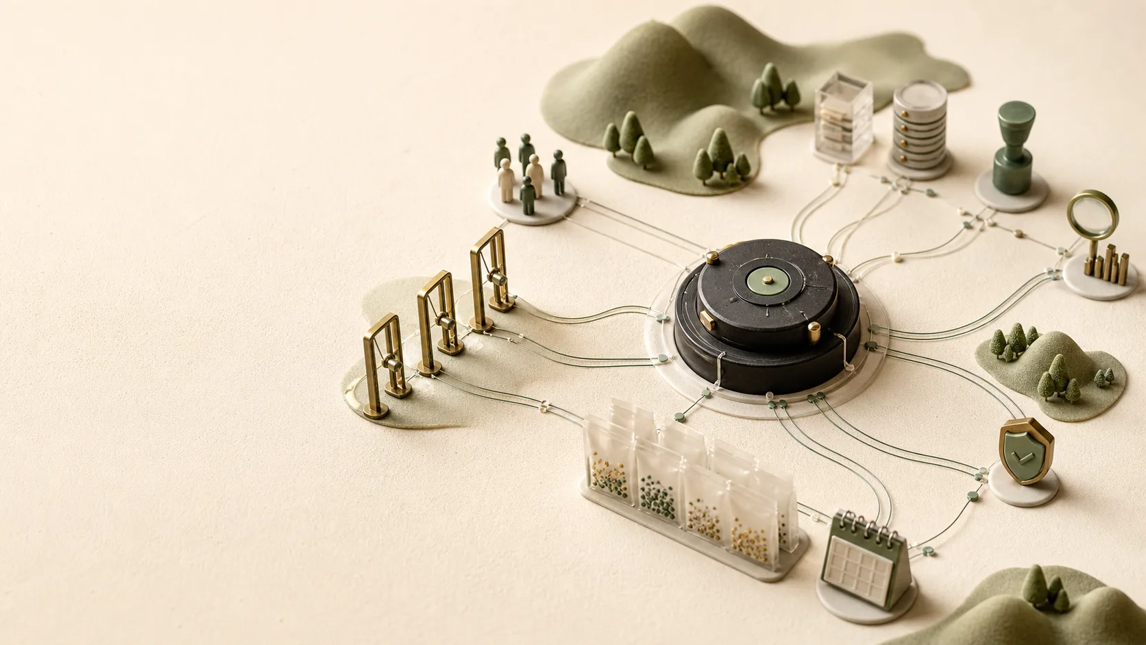 A miniature release rehearsal lab with a simulation engine, signal paths, evidence packets, and decision gates.